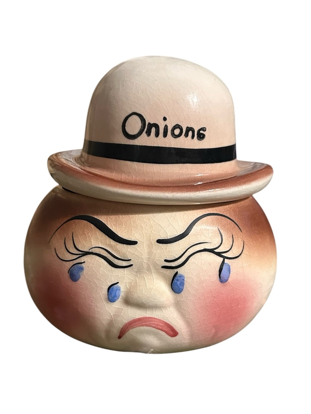 "Crying onion" condiment jar with a hat lid